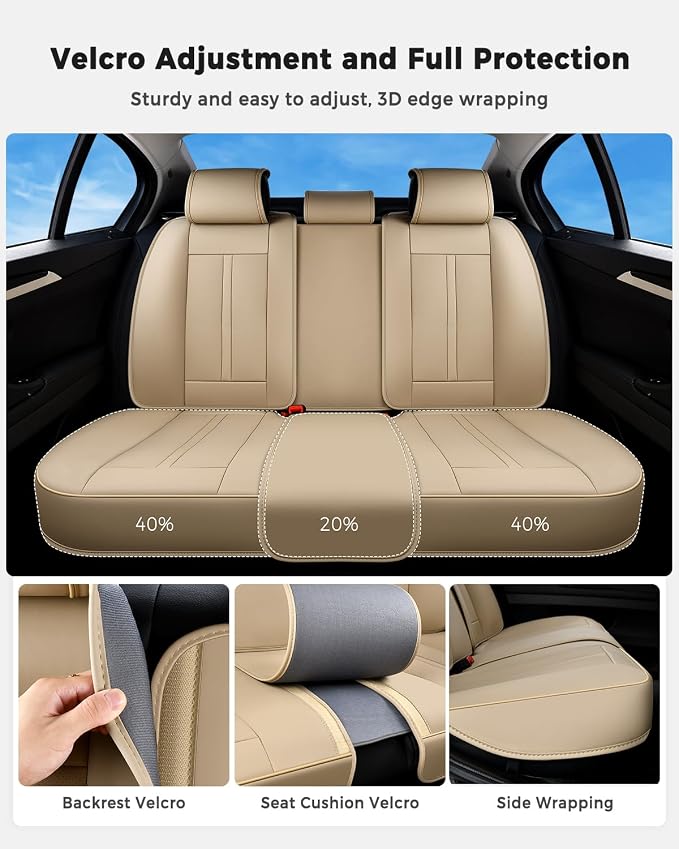 Huidasource Beige Back Seat Cover Luxury Nappa Leather, Rear Seat Cover with Velcro Adjustable, Ventilation Holes, Seat Belts, Child Seats, Car Back Seat Covers Fit for Most Cars SUV Trucks, Beige