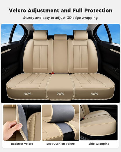 Huidasource Beige Back Seat Cover Luxury Nappa Leather, Rear Seat Cover with Velcro Adjustable, Ventilation Holes, Seat Belts, Child Seats, Car Back Seat Covers Fit for Most Cars SUV Trucks, Beige
