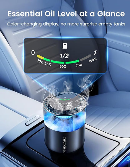 TECXERLLON Smart Car Air Freshener Diffuser with Ambient Light, Oil Level Indicator, 2 Scent Refills, Auto On/Off, 4 Mist Modes, 1600 Sprays Rechargeable Aroma Diffuser for Car, Home, Office, Bedroom