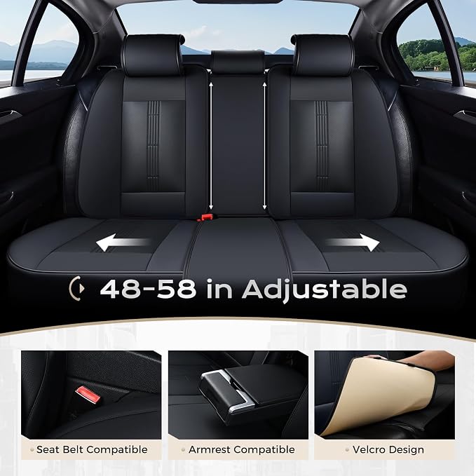 Coverado Car Seat Covers Full Set, Front Seat Covers with Lumbar Support and Back Seat Cover Waterproof Leather Automotive Seat Cover, Universal Car Interior Protectors Cushion for Most Cars