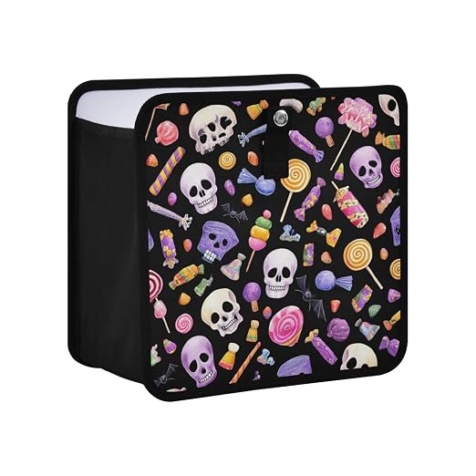 Car Trash Can Organizer Bin with Adjustable Strap for Back Front Seat Console Waterproof Leakproof Collapsible Portable 11 Inch Halloween Skulls Lollipops Candies