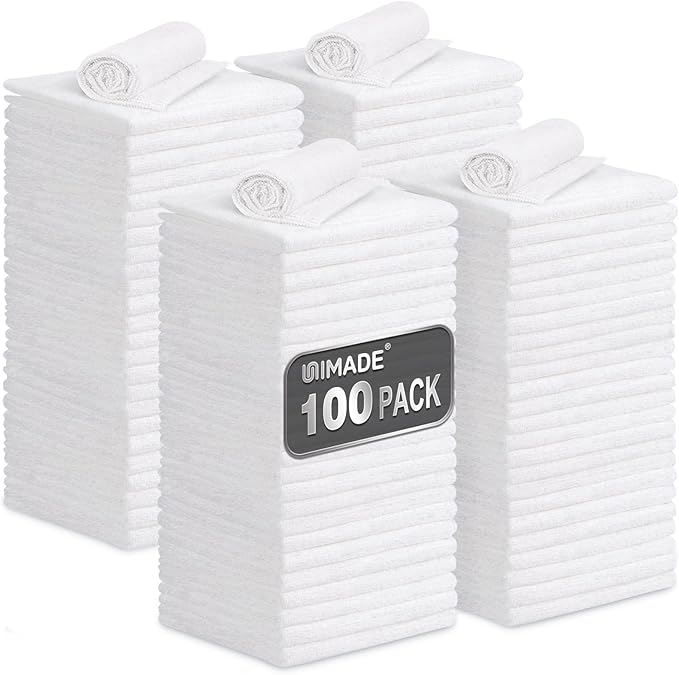 UNIMADE Shop Towels, 100 Pack Commercial Grade Work Rags Microfiber Towels for Cars Cleaning Rags Bulk Detailing Cloth for Automotive Bar Mechanic Restaurant Garage Housekeeping, 11.5"x 11.5", White