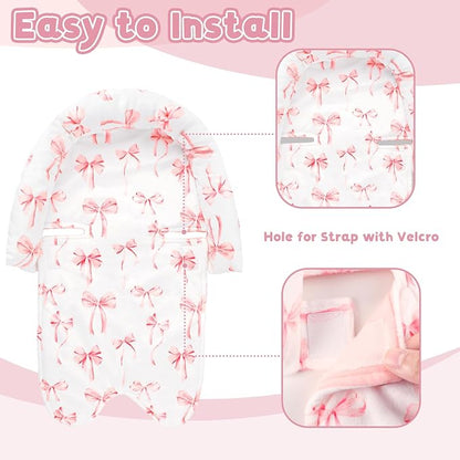 Infant Car Seat Insert with 2 Strap Pads, Carseat Cushion Baby Boy & Girl, Soft and Comfortable Carseat Head Support for Newborn, Pink Bow