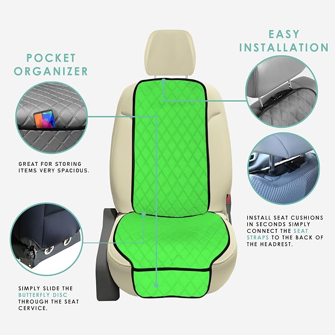 FH Group Car Seat Cushion – Neosupreme Single Front Seat Cover with Front Pockets, Airbag Compatible, Universal Fit Car Seat Cushion for Driver or Passenger Seat, SUV, Truck, Sedan & Van – Green