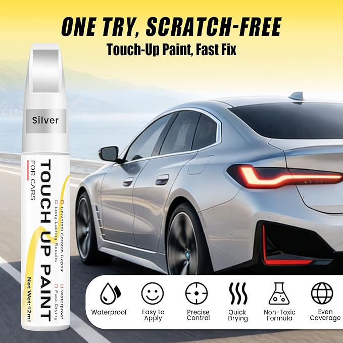 Silver Touch Up Paint for Cars, 2-in-1 Brush & Tip, 0.4 fl oz - Universal Car Scratch Repair Pen for Scratches & Scuffs, OEM Color Match, Quick-Dry & Long-Lasting