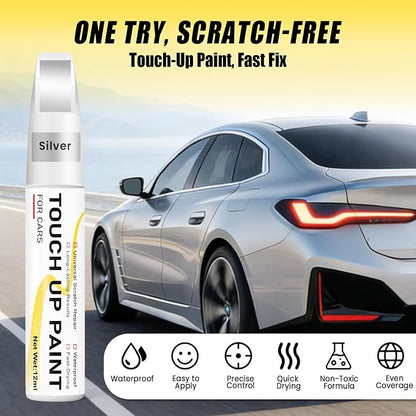 Silver Touch Up Paint for Cars, 2-in-1 Brush & Tip, 0.4 fl oz - Universal Car Scratch Repair Pen for Scratches & Scuffs, OEM Color Match, Quick-Dry & Long-Lasting