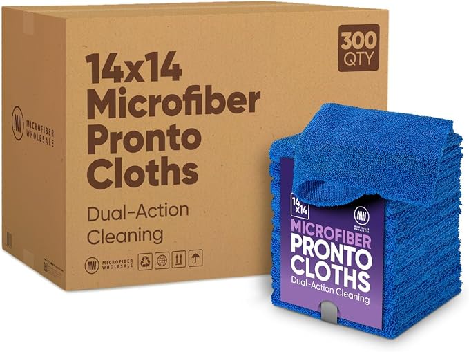 Microfiber Wholesale Pronto Cloths, Dual-Sided Microfiber Cleaning Towels, Soft Plush & Scrub Cloths for Dusting, Scrubbing, Kitchen, Windows & Car Detailing, Absorbent Bulk 300-Pack Blue