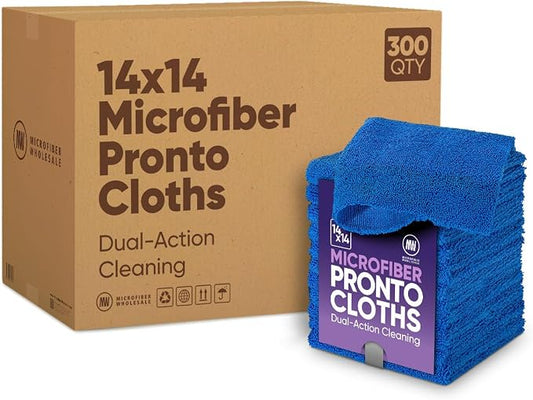 Microfiber Wholesale Pronto Cloths, Dual-Sided Microfiber Cleaning Towels, Soft Plush & Scrub Cloths for Dusting, Scrubbing, Kitchen, Windows & Car Detailing, Absorbent Bulk 300-Pack Blue