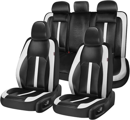 Coverado Leather Car Seat Covers Full Set & Carbon Fiber, Waterproof and Durable All Weather Protector, Universal Fit for SUV, Pickup Truck, Sedan, Automotive Vehicle Interior, Black&White