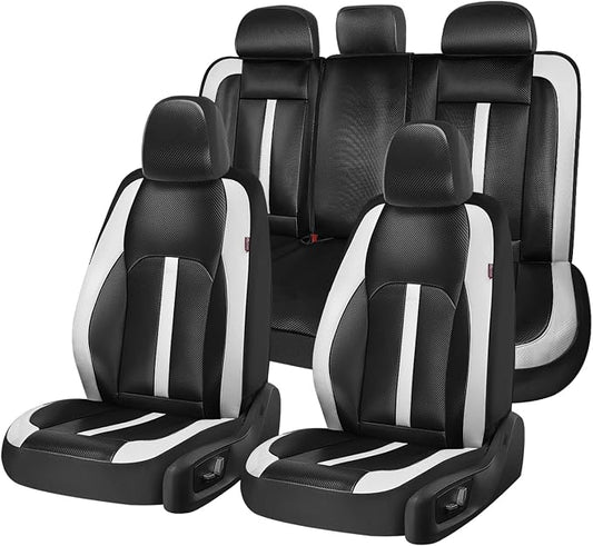 Coverado Leather Car Seat Covers Full Set & Carbon Fiber, Waterproof and Durable All Weather Protector, Universal Fit for SUV, Pickup Truck, Sedan, Automotive Vehicle Interior, Black&White
