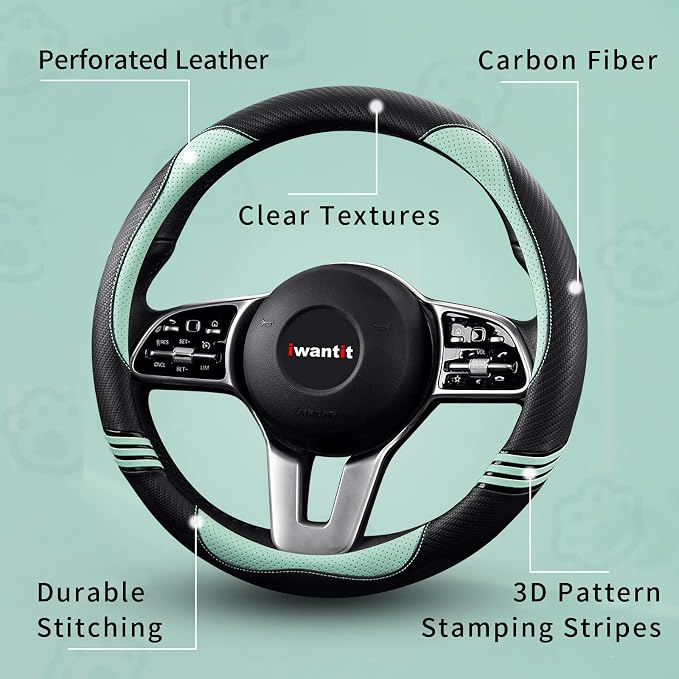 Iwantit® Steering Wheel Cover with Carbon Fiber and Anti-Slip Rubber Ring,Universal Fit 14.5-15 inches for Cars,SUV (Fruit Green)