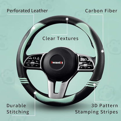 Iwantit® Steering Wheel Cover with Carbon Fiber and Anti-Slip Rubber Ring,Universal Fit 14.5-15 inches for Cars,SUV (Fruit Green)