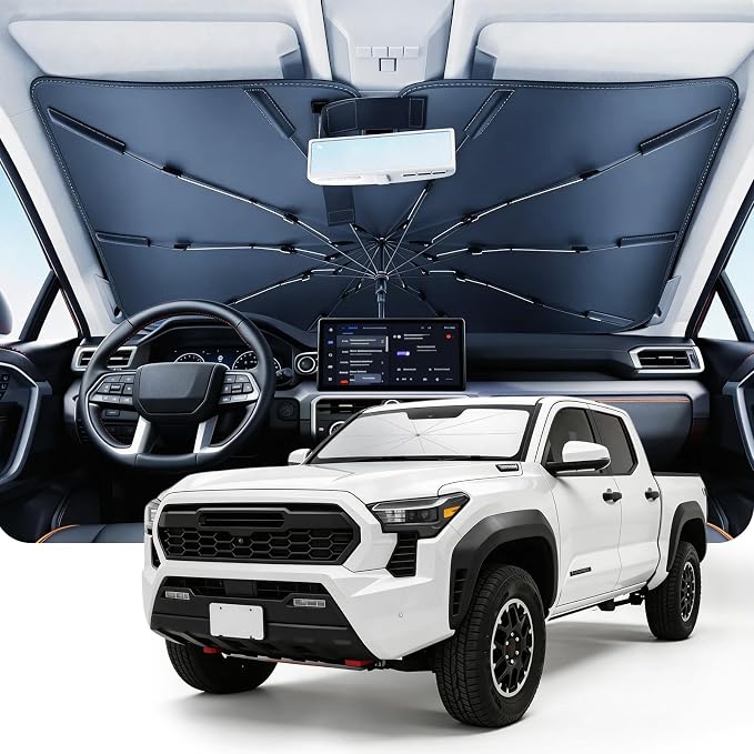 DMJN Umbrella Windshield Sun Shade for Toyota Tacoma (2008-2026), Car Sunshade for Front Windshield [Nano Ice-Crystal Coatings] UPF50+ Heat & UV Block, Protect Interior & Keep Cooler