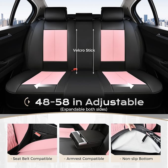 Coverado Leather Seat Cover Full Set, Waterproof Car Seat Covers with Lumbar Support, Front and Rear Seat Covers for Car, Universal Car Seat Protectors Car Seat Cushion Fit for Most Cars (Black&Pink)