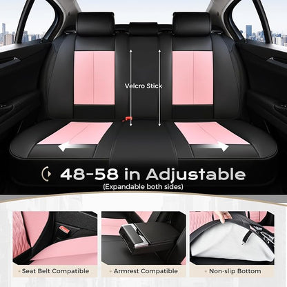 Coverado Leather Seat Cover Full Set, Waterproof Car Seat Covers with Lumbar Support, Front and Rear Seat Covers for Car, Universal Car Seat Protectors Car Seat Cushion Fit for Most Cars (Black&Pink)