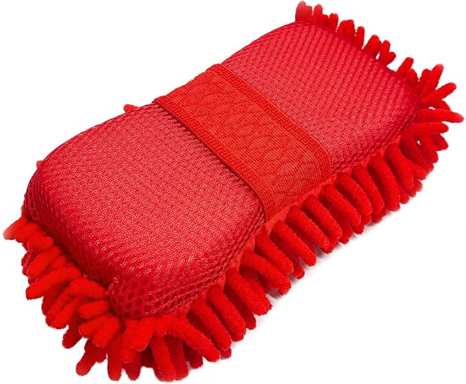 Microfiber Car Wash Sponge, Scratch-Free Vehicle Washing Mitt with Chenille & Mesh Sides, Highly Absorbent Sponge Lint-Free Cleaning Tool for Car Washing & Detailing (Red)