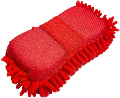 Microfiber Car Wash Sponge, Scratch-Free Vehicle Washing Mitt with Chenille & Mesh Sides, Highly Absorbent Sponge Lint-Free Cleaning Tool for Car Washing & Detailing (Red)