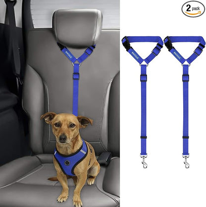 BWOGUE 2 Packs Dog Cat Safety Seat Belt Strap Car Headrest Restraint Adjustable Nylon Fabric Dog Restraints Vehicle Seatbelts Harness Dark Blue