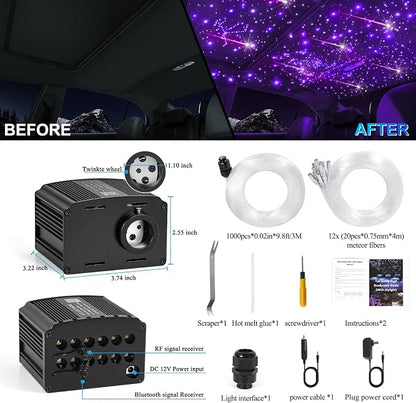 Car Starlight Headliner Kit, 16W Twinkle & Meteor Star Ceiling Lights, 2 in 1 Fiber Optic Light Engine 1000pcs*0.02in*9.8ft+240 RGBW Shooting Stars Lights for Car Home Roof Décor