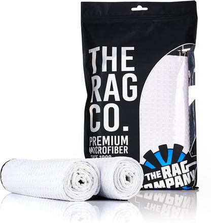 The Rag Company Dry Me A River, Professional Korean 70/30 Blend Microfiber Waffle-Weave Drying & Detailing Towels, Soft Suede Edges, 390 GSM, 20x40 Inches, White, 2-Pack