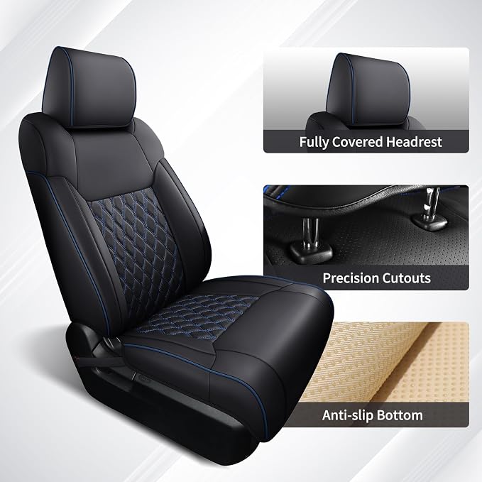 Huidasource Tacoma Front&Back Car Seat Covers, Automotive Seat Cushion Fit for 4th Gen Toyota Tacoma 2024-2026 Double&Crew Cab Trailhunter SR SR5 Limited TRD Sport/Off Road (Full Set/Black&Blue)