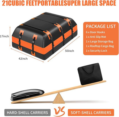 21 Cu Ft Waterproof Car Rooftop Cargo Bag Heavy Duty 840D Roof Top Carrier with Anti-Slip Mat, Luggage Lock, 6 Door Hooks for SUVs, Sedans, Minivans – Perfect for Road Trips, Camping, Outdoor Travel