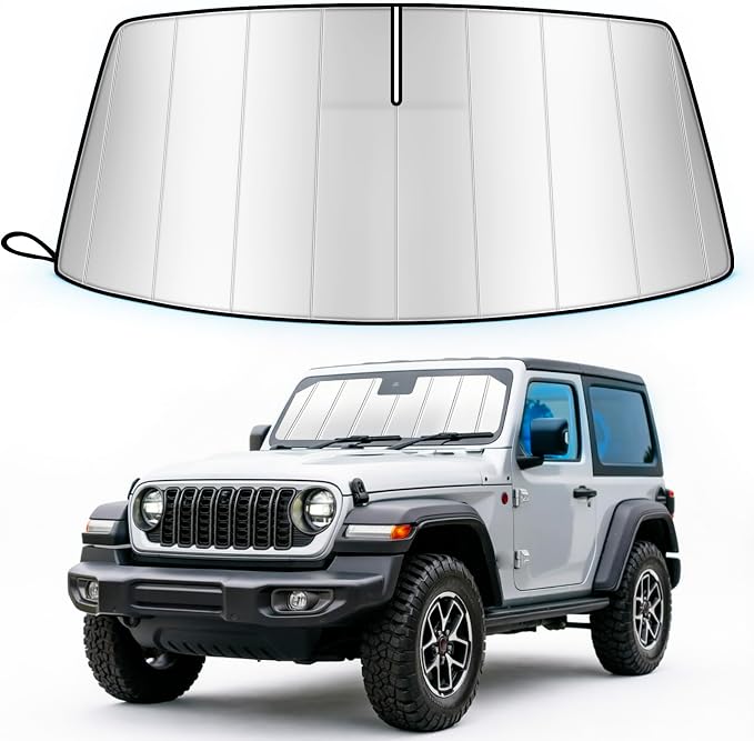 Windshield Sun Shade for Jeep Wrangler JL JLU 2018-2026/Gladiator JT 2020-2026, Custom Fit Folding Design Front Window Sunshade Sun Visor Shield Accessories, Blocks UV Rays Heat