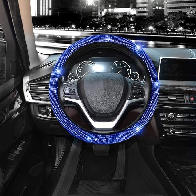 Valleycomfy Steering Wheel Cover for Women Men Bling Bling Crystal Diamond Sparkling Car SUV Wheel Protector Universal Fit 15 Inch (Black with Blue Diamond,Standard Size(14" 1/2-15" 1/4))