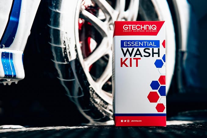 Gtechniq Essential Car Wash Kit, 4-Piece | Includes Car Shampoo, All-Purpose Cleaner, Microfiber Wash Mitt and Microfiber Towel, Cleans Stubborn Dirt and Grime, Gentle on Coatings and Waxes