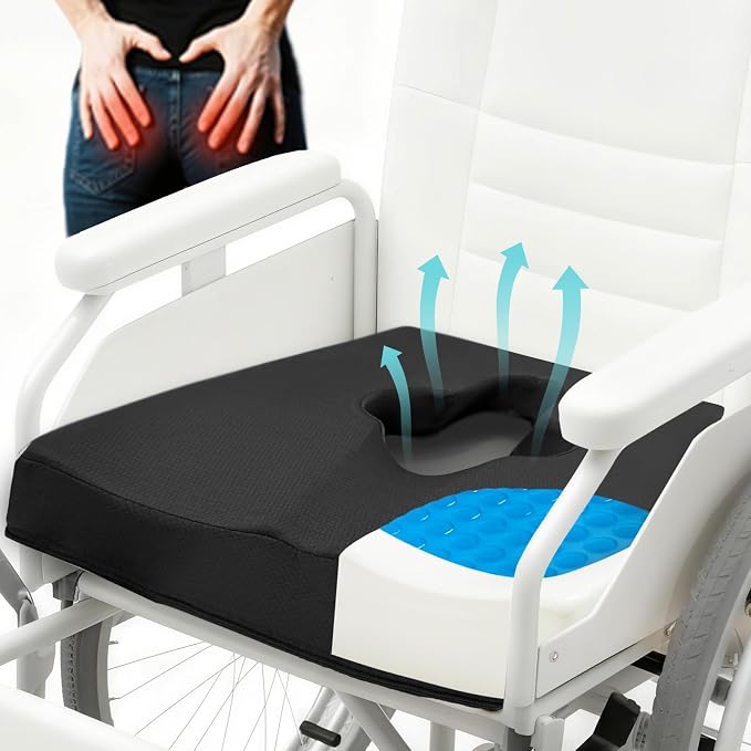 Gel Wheelchair Seat Cushion,Bed Sore Cushions for Butt,Memory Foam hemorrhoid Pillow for Chairs,Butt Pillow for Pressure Sore&Ulcer Pain,Sciatica &Coccyx Pain Relief,Washable-Cover(Black)
