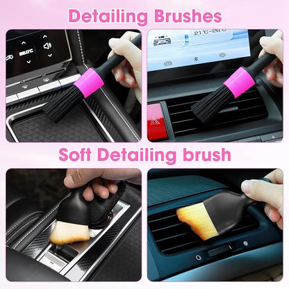 Pink Windshield Cleaner Tool, Car Interior Cleaning Kit with Extendable Handle and 3 Reusable Microfiber Pads, Auto Glass Wiper and Detailing Brush Kit for Car & Home Window
