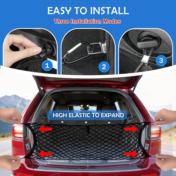 Envelope Style Cargo Net for 2011-2021 Jeep Grand Cherokee Accessories, Rear Trunk SUV Mesh Cargo Net, Upgraded 5mm Bungee & Double-Layer Nylon Storage Tailgate Netting Grocery&Tools Holder Organizer