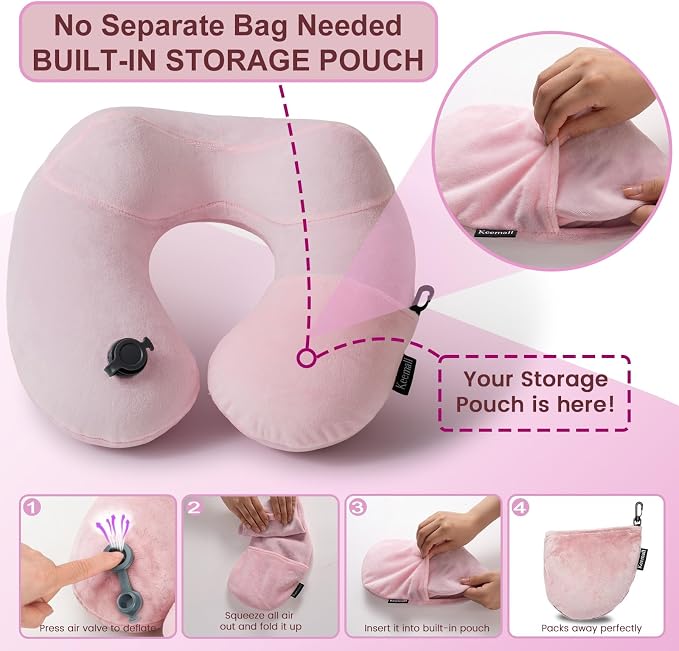 Keemall Inflatable Travel Pillow, Premium Soft Pink Velvet Inflatable Neck Pillow, Washable Lightweight Portable Travel Essentials for Flight Road Trip Camping Office, Travel Gift for Women Girls