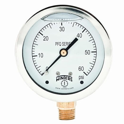 Winters 2-1/2" Dial Size, Liquid Filled Industrial Pressure Gauge, Brass Internals, 304 Stainless Steel Case, Single Scale 0-60 psi, 1.5% Acc, 1/4" NPT Bottom Mount, Glycerin Filled Pressure Gauge