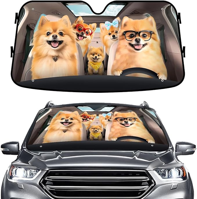 GENANY Pomeranian Family Windshield Cover for Car SUV Truck (55x30 Inches), Foldable Heat Shield, Shades for Front Windows, Protector Blocks UV, Car Decor