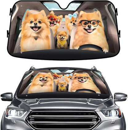 GENANY Pomeranian Family Windshield Cover for Car SUV Truck (55x30 Inches), Foldable Heat Shield, Shades for Front Windows, Protector Blocks UV, Car Decor