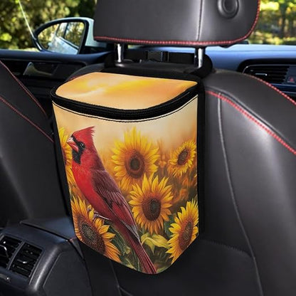 Talayituse Cardinal Sunflower Print Car Trash Can Portable Auto Garbage Bin Multifunctional Vehicle Interior Accessories with Adjustable Straps Universal Fit Truck SUV Sedan