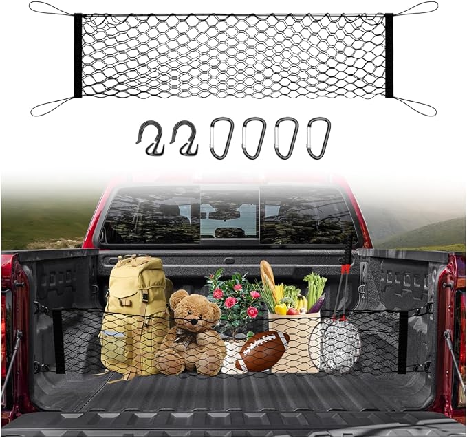 Canvcle Truck Bed Cargo Net for 2019-2025 2026 GMC Sierra 1500/2020-2026 Chevy Silverado 2500 3500 Accessories Envelope Style Mesh Trunk Net Organizer and Storage Stretchable Nylon Rear Cargo Netting