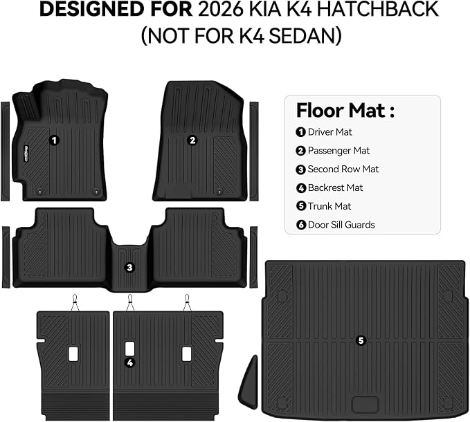 Floor Mats for 2026 Kia K4 Hatchback (Not for K4 Sedan), Trunk Mat and Backrest Mat & Door Sill Guard All Weather TPE Protector for Kia K4 Hatchback Accessories