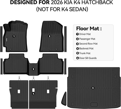 Floor Mats for 2026 Kia K4 Hatchback (Not for K4 Sedan), Trunk Mat and Backrest Mat & Door Sill Guard All Weather TPE Protector for Kia K4 Hatchback Accessories