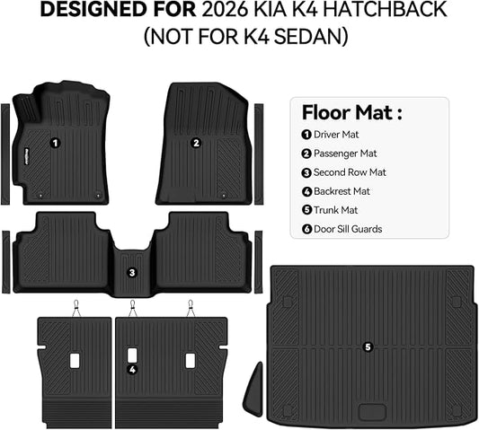 Floor Mats for 2026 Kia K4 Hatchback (Not for K4 Sedan), Trunk Mat and Backrest Mat & Door Sill Guard All Weather TPE Protector for Kia K4 Hatchback Accessories