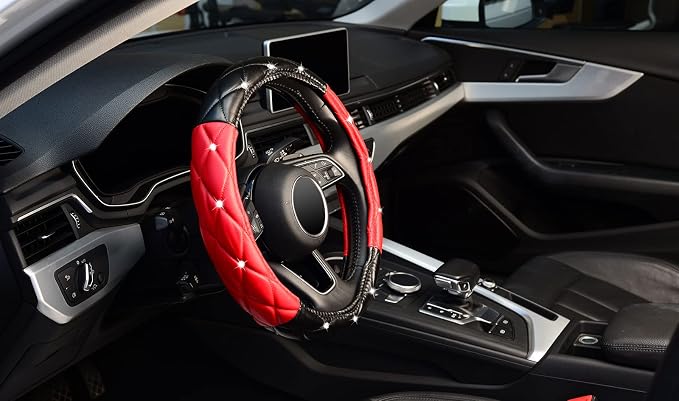 KAFEEK Diamond Soft Leather Steering Wheel Cover with Bling Bling Crystal Rhinestones, Universal 15 inch, Black Red