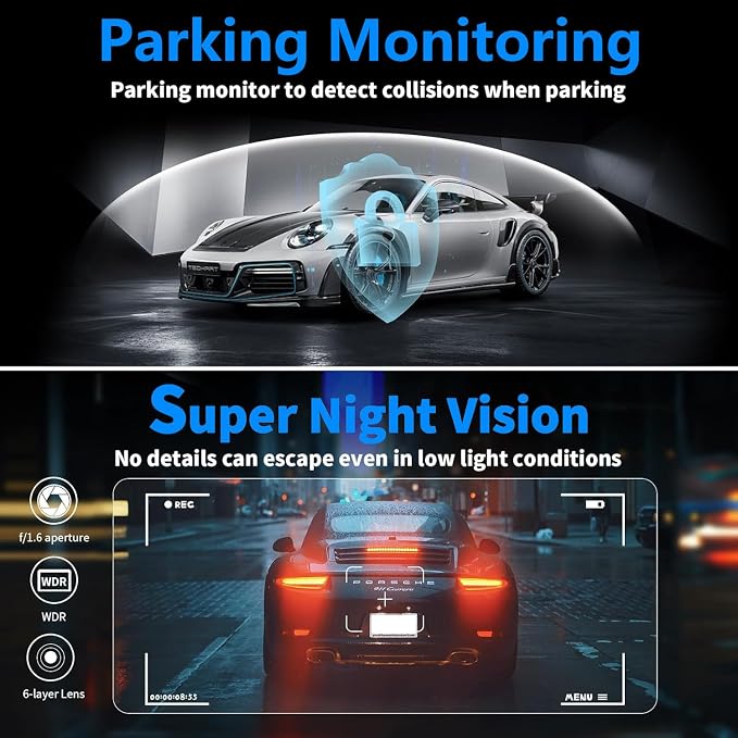 4K Dual Channel Dash Cam Front and Rear, Free 64GB Card Included, 5.8GHz WiFi Dash Camera for Cars, Built-in GPS, G-Sensor, 170°Wide Angle, 3" IPS Screen, 24H Parking Mode, Support 512GB Max