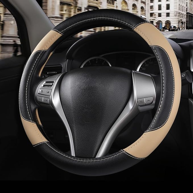 Leather Car Steering Wheel Cover, Non-Slip Car Wheel Cover Protector Breathable Microfiber Leather 15.5"-16" Large Size for Most Cars,Beige-2