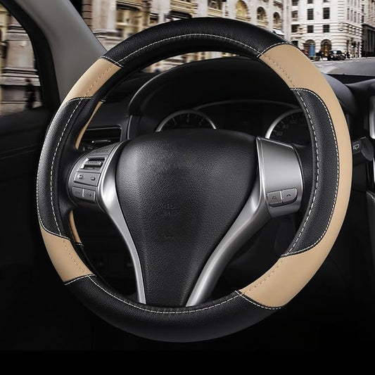 Leather Car Steering Wheel Cover, Non-Slip Car Wheel Cover Protector Breathable Microfiber Leather 15.5"-16" Large Size for Most Cars,Beige-2