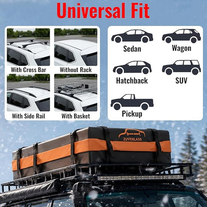 21 Cubic Feet Car Roof Cargo Carrier Bag, Waterproof Rooftop Bag for All Vehicle with/Without Racks, Soft Roof Top Storage Box with Anti-Slip Mat, 6 Door Hooks, Luggage Lock, Black Orange
