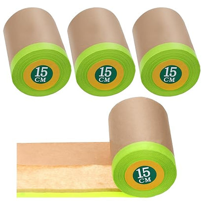 4 Rolls Pre-Taped Masking Paper, 6” x 50 Ft Adhesive Protective Painters Paper for Covering Cars, Furniture, Floors & Frames