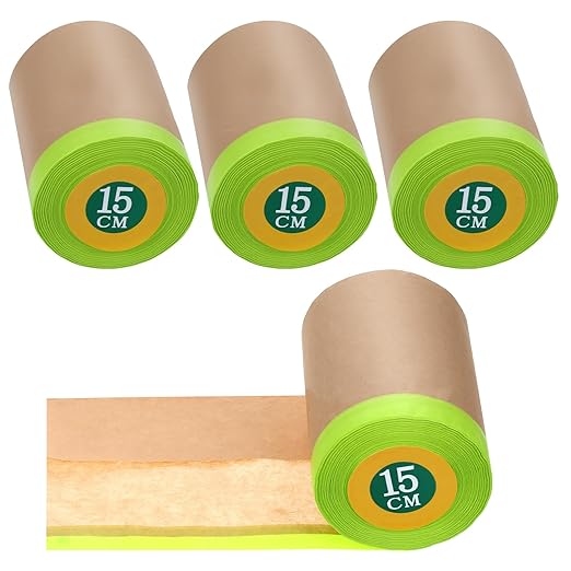4 Rolls Pre-Taped Masking Paper, 6” x 50 Ft Adhesive Protective Painters Paper for Covering Cars, Furniture, Floors & Frames