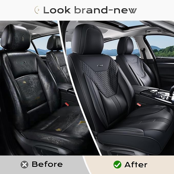 Coverado Car Seat Covers Full Set, Front Seat Covers with Lumbar Support and Back Seat Cover Waterproof Leather Automotive Seat Cover, Universal Car Interior Protectors Cushion for Most Cars