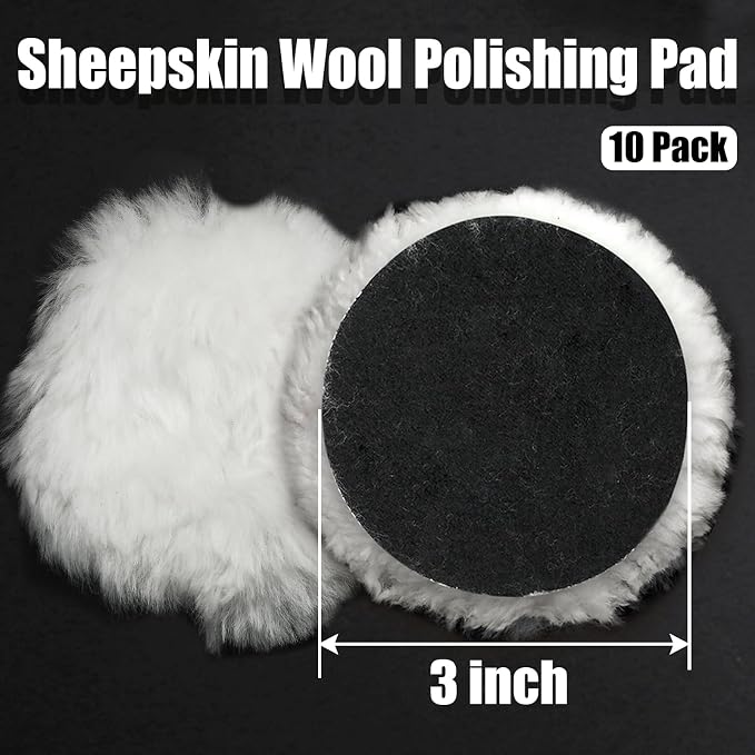 10 Pcs Wool Polishing Pad 3 Inches Soft Sheepskin Buffing Pads with Hook and Loop Back for Compound Cutting & Polishing for Automotive, Marine, Furniture